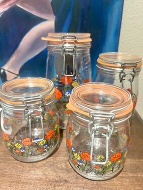 Vintage Arc France Poppy Floral Glass Jar Set (c. 1976–1981)